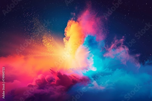 Colors of May, abstract background with powder in blue, yellow, orange, shocking pink, purple hues, and with copyspace for your text. May background banner for special or awareness day, week or month photo