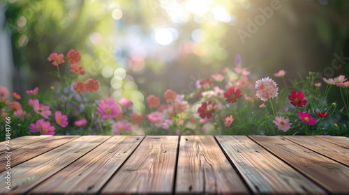 Empty wooden table with flower background with Blur effect.