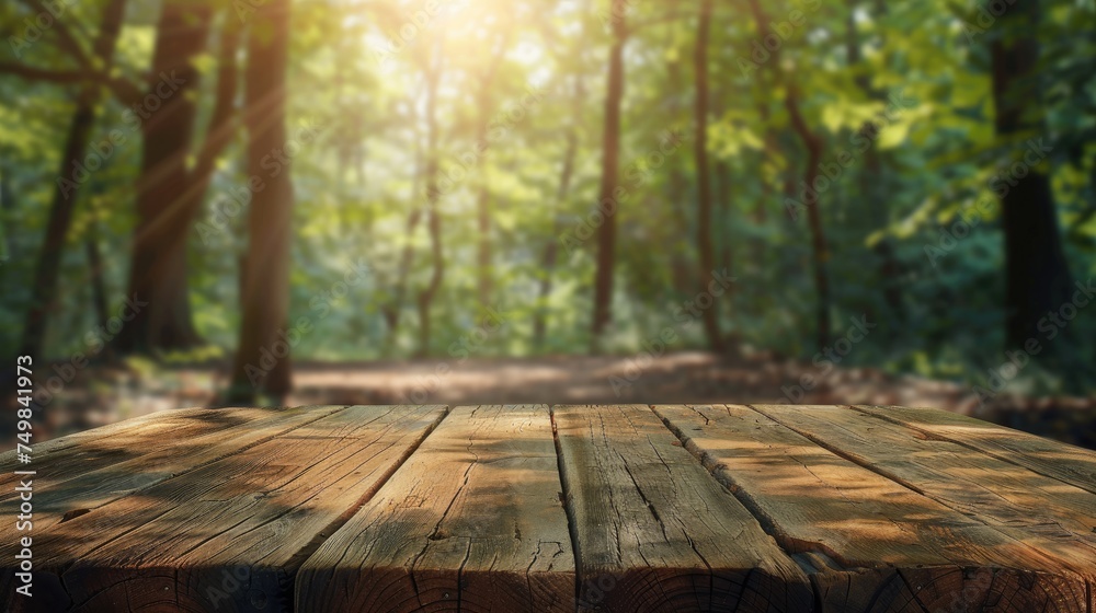 Empty wooden table with Forest background with Blur effect. Empty wooden table with Forest background with Blur effect.