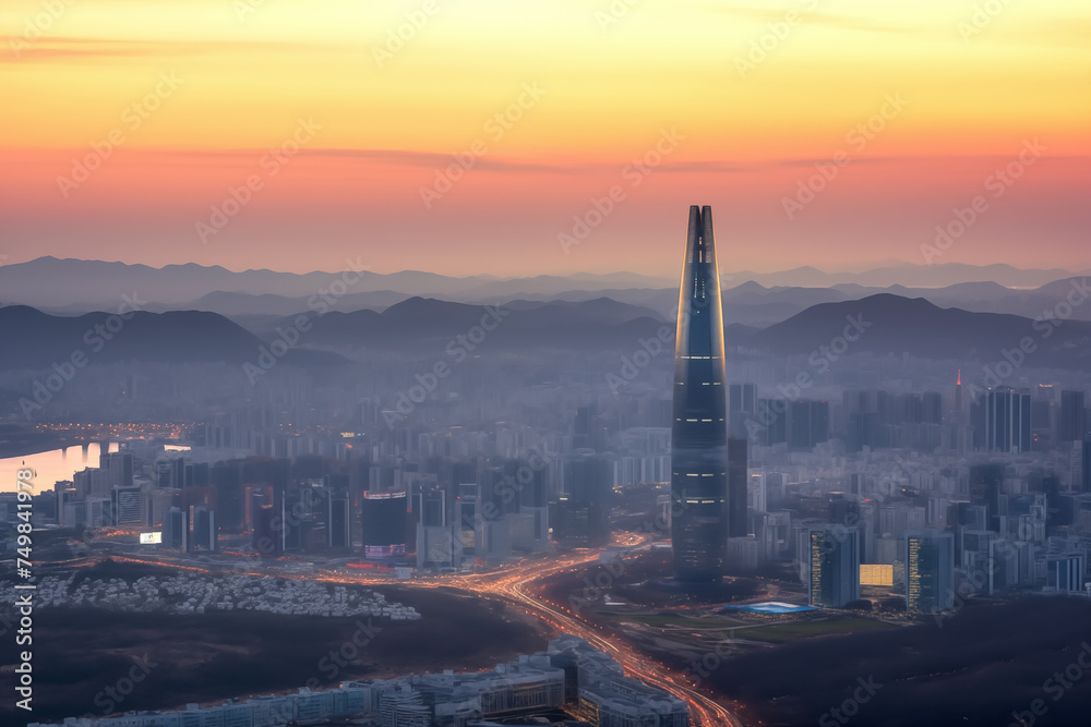 Skyline of Seoul, South Korea, aerial view. Commercial and residential buildings seen from the rooftop of Lotte Corp. World Tower at sunset in Seoul South Korea. Lotte World Tower, Seoul's green tower - obrazy, fototapety, plakaty 