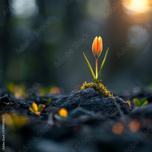 a single flower sprouting out of a rock in the middle of a forest with sunlight coming through the trees.