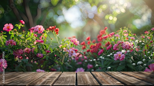 Empty wooden table with flower background with Blur effect. © Thanawat_Suesoypan