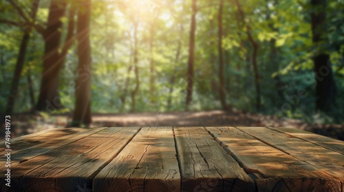 Empty wooden table with Forest background with Blur effect. © Thanawat_Suesoypan