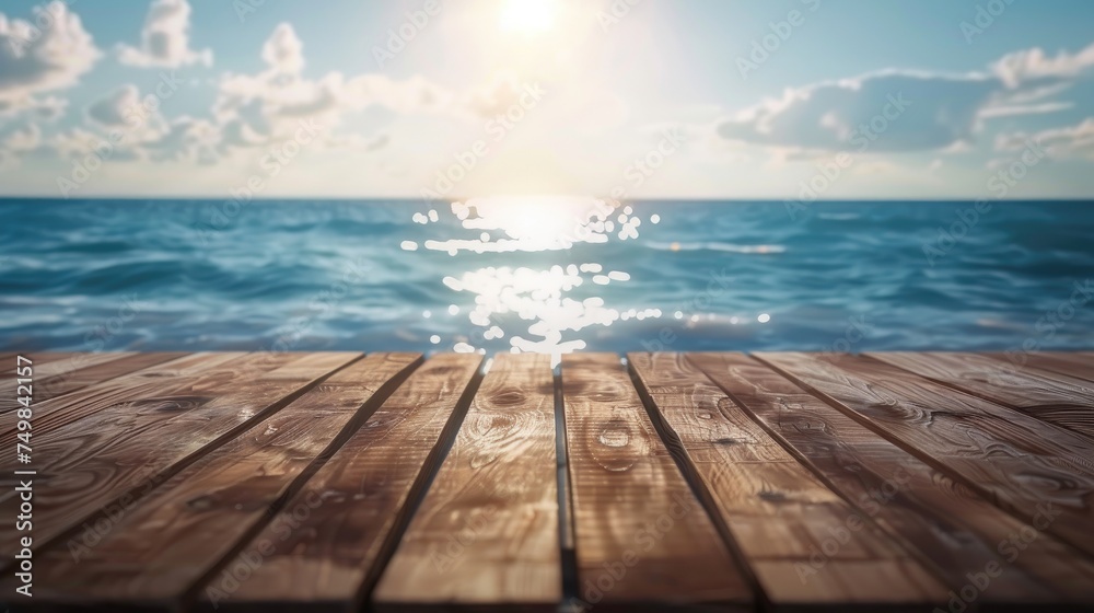 Empty wooden table with sea background with Blur effect. Empty wooden table with sea background with Blur effect.