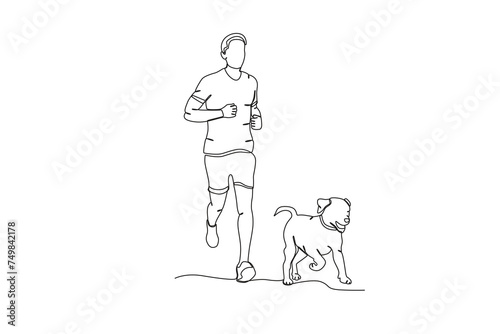 Single continuous line drawing of Man jogging with his pet dog .sport concept one line draw graphic design vector illustration