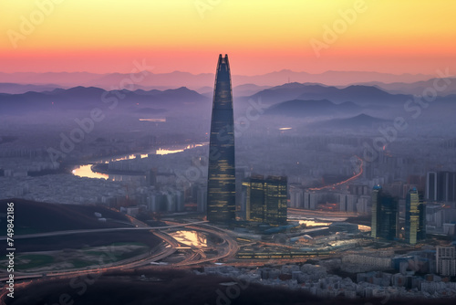 Skyline of Seoul, South Korea, aerial view. Commercial and residential buildings seen from the rooftop of Lotte Corp. World Tower at sunset in Seoul South Korea. Lotte World Tower, Seoul's green tower