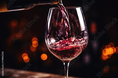 Pouring red wine to glass party restaurant bar gourmet celebration luxury taste splashing grape alcohol expensive drink bordeaux chateu cabernet bottle refreshment toned drops bubbles french wineglass photo