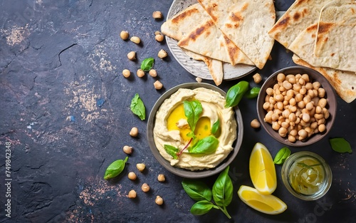 Hummus with olive oil, pita bread and ground cumin in ceramic bowl photo