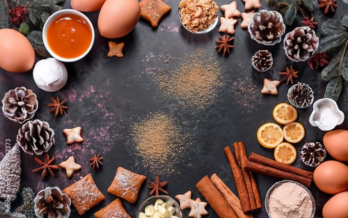 Ingredients for making Christmas baked goods. New Year's food background