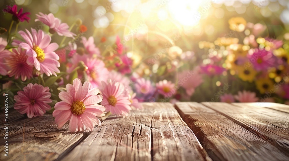 Empty wooden table with flower background with Blur effect.