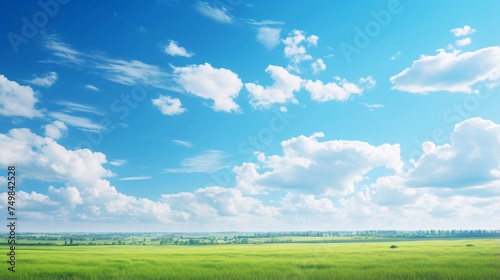 青空と雲、地平線が広がる野原の風景