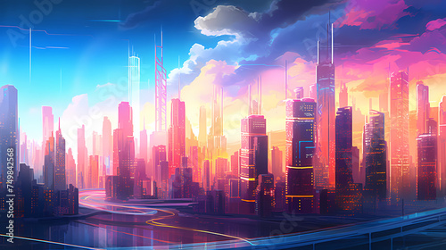 A brightly lit city of the future
