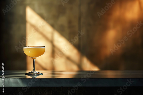 Yellow cocktail in a coupe glass with a warm light and shadow background. Elegant drink concept for bar and restaurant menus photo