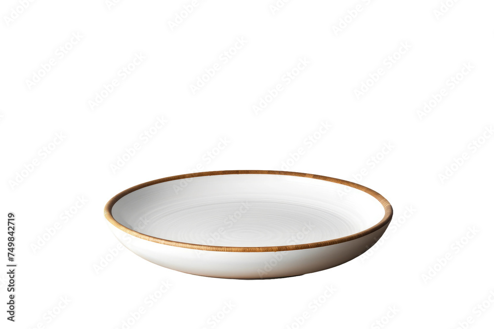 White Bowl With Gold Rim. A white bowl with a delicate gold rim is placed on a plain white background. The bowl appears elegant and minimalist, with a subtle touch of luxury.