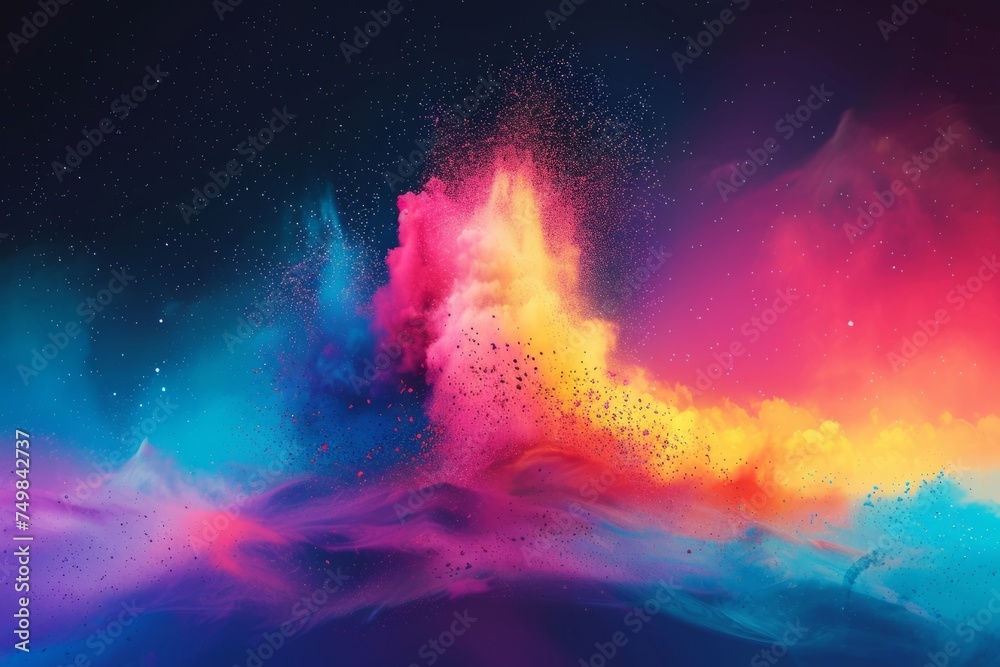 Colors of May, abstract background with powder in blue, yellow, orange, shocking pink, purple hues, and with copyspace for your text. May background banner for special or awareness day, week or month Colors of May, abstract background with powder in blue, yellow, orange, shocking pink, purple hues, and with copyspace for your text. May background banner for special or awareness day, week or month