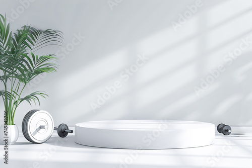 Podium 3d, Product display white podium 3d, with fitness and gym equipment, Sports and Recreation concepts