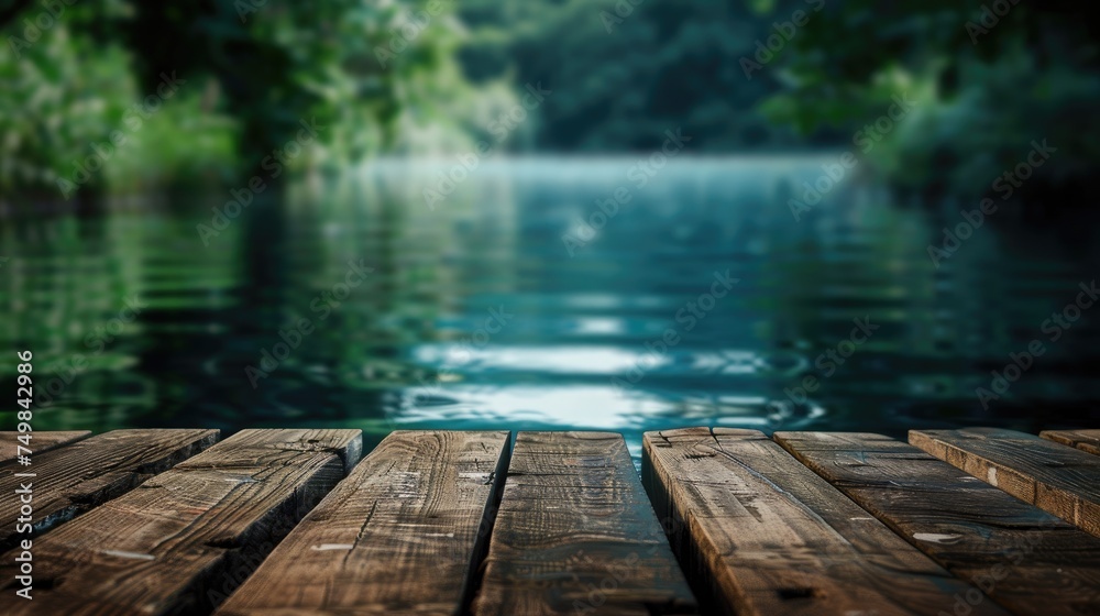 Fototapeta premium Empty wooden table with water background with Blur effect