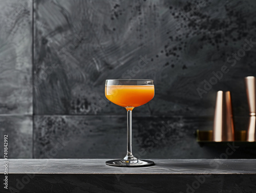 Bright orange cocktail in a coupe glass, modern bar background. Contemporary drink design for social media and cocktail menus