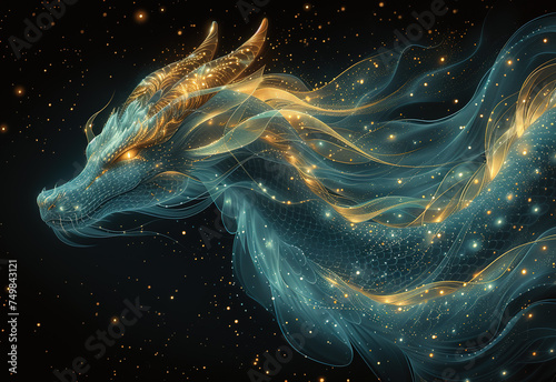 Shining sparkling dragon on dark glitter background. Fiery monster with transparent wings encased in golden particles of stardust. photo