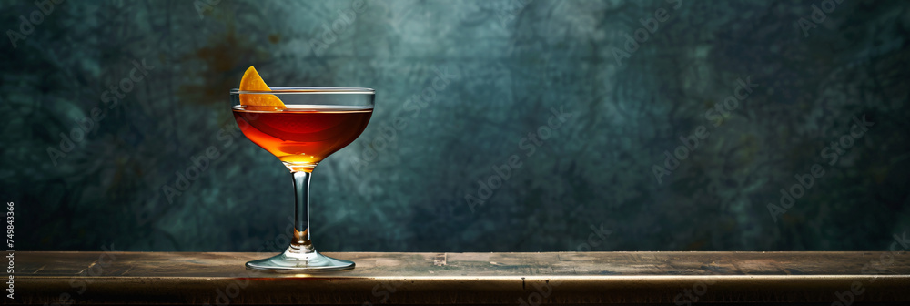 Cocktail with orange twist in a coupe glass on rustic bar counter. Bar ambiance concept for design and menu - obrazy, fototapety, plakaty 