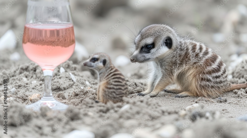 Fototapeta premium a baby meerkat standing next to a wine glass with a pink liquid in it and another meerkat sitting next to it.