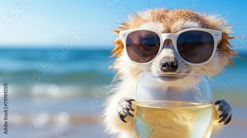 a close up of a dog wearing sunglasses and holding a wine glass in front of his face with the ocean in the background. photo