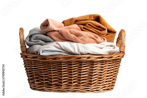 Wicker Basket Filled With Clothes. A wicker basket overflowing with various article of clothing is placed on a clean white background. The basket is tightly packed with folded shirts and pants.