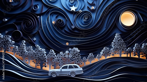 Intricate Paper Quilling Art Depicting a Stylish Night Landscape with Moon and Stars, car.