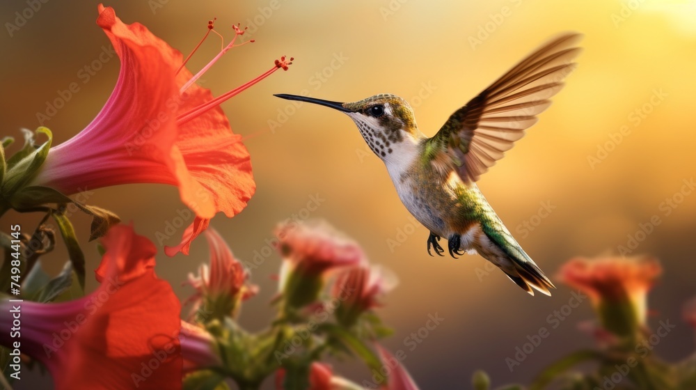 Naklejka premium Close-up of a hummingbird on a red flower during a mild sunset. Nature, Landscape, Golden Hour, Summer, Animals, Birds, Wildlife concepts.