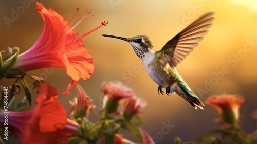 Close-up of a hummingbird on a red flower during a mild sunset. Nature, Landscape, Golden Hour, Summer, Animals, Birds, Wildlife concepts. © liliyabatyrova