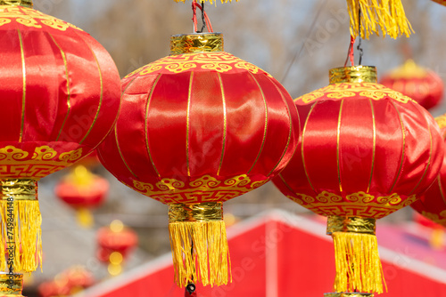 Big red lanterns hang for a tradition holiday in china