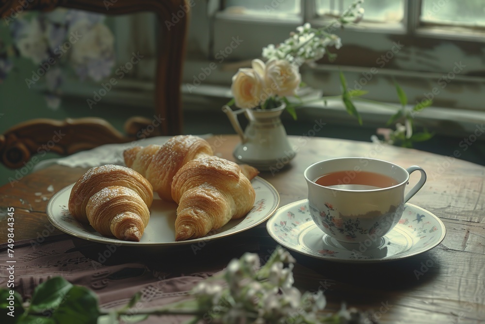 fresh croissant with a cup of tea