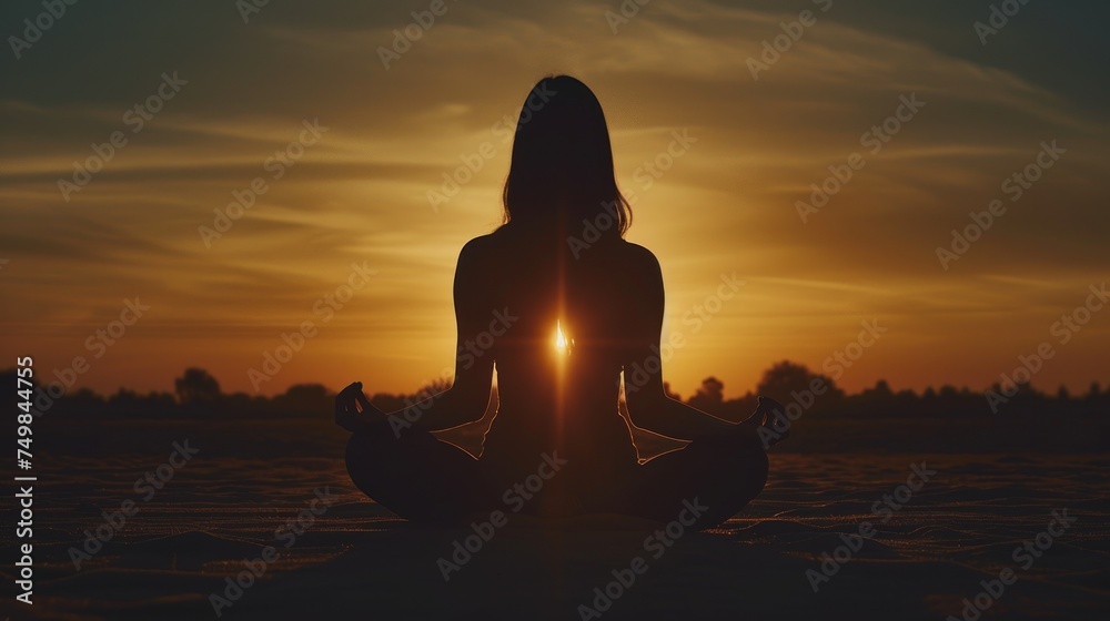 a woman sitting in the middle of a body of water with the sun setting behind her and her back to the camera.