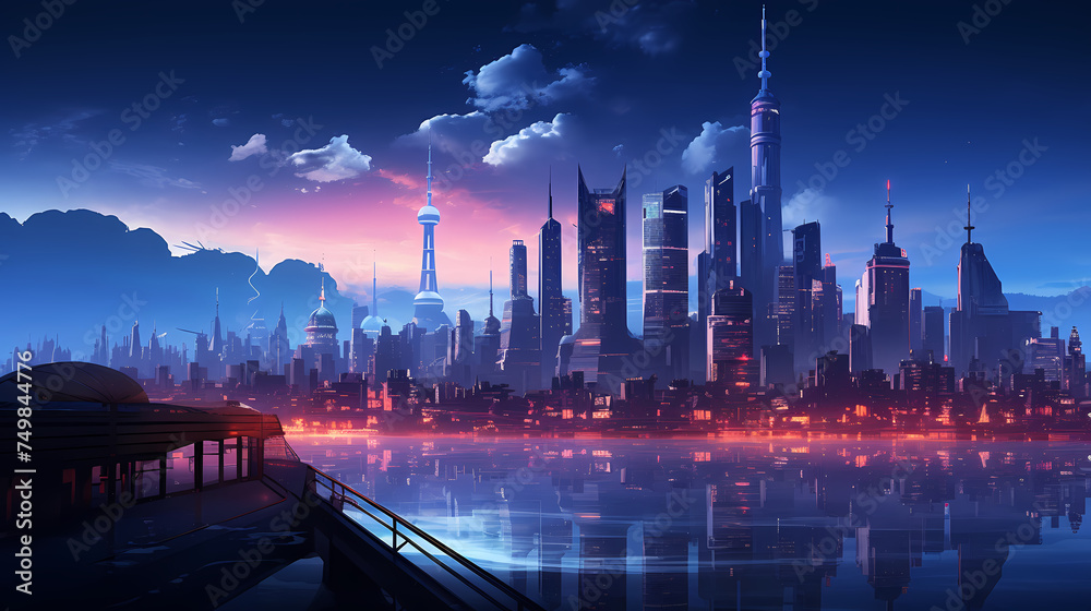 A brightly lit city of the future