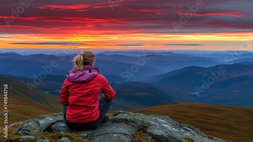 a woman in a red jacket sitting on top of a mountain looking at a sunset over a valley with mountains in the background. photo