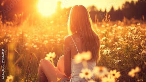a woman sitting in a field of wildflowers with the sun shining down on her back and her long hair blowing in the wind. photo