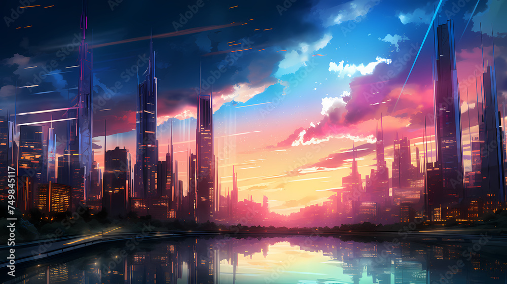 Naklejka premium A brightly lit city of the future