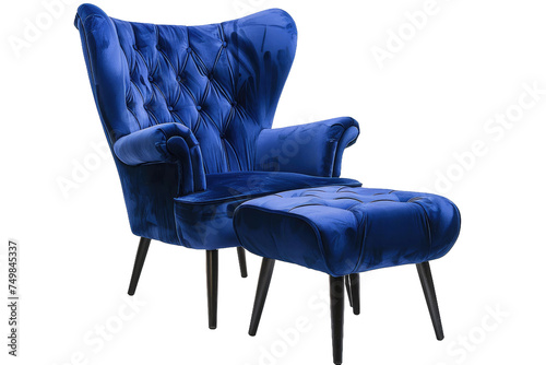 Blue Chair and Foot Stool With Black Legs. A blue chair and foot stool with black legs are displayed in a simple, modern setting. photo