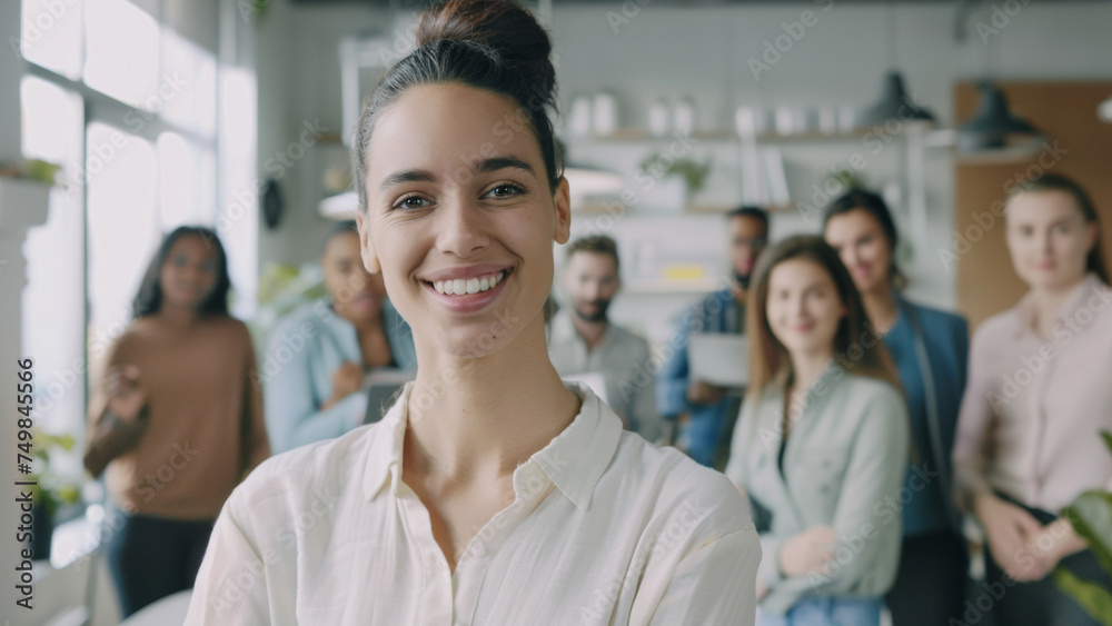 Vivid portrait of a radiant woman leading a collaborative and diverse office team. Vivid portrait of a radiant woman leading a collaborative and diverse office team.