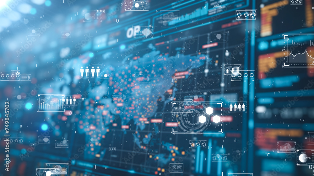 Advanced global data network interface with dynamic charts and world map, Cybersecurity data analytics interface with world connectivity.