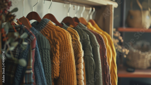 Cozy knitwear in warm hues hangs, inviting a touch of autumn comfort. photo