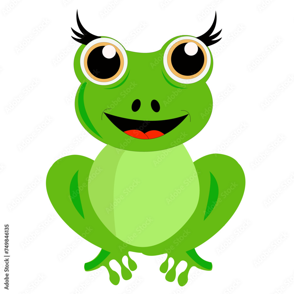 Grenouille verte de face, souriante, avec de grands yeux et grands cils noirs, sur fond blanc Grenouille verte de face, souriante, avec de grands yeux et grands cils noirs, sur fond blanc