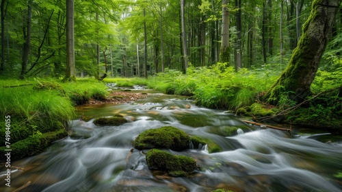 A serene stream rushes through a vibrant green forest, with sunlight filtering through the canopy and mossy rocks lining the waterway.