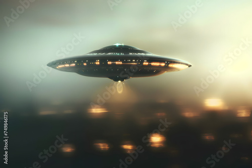 UFO, alien, sighting and conspiracy with spaceship by ufo abduction, hovering motionless in the air, Unidentified flying object, alien invasion, extraterrestrial life, space travel