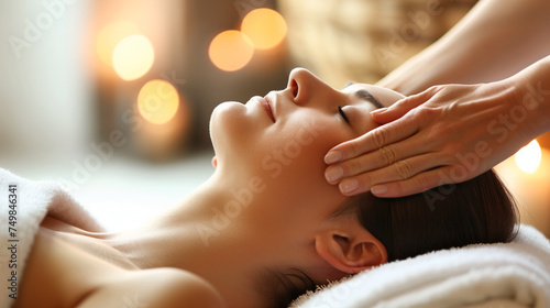 A beautiful woman enjoying the massage and relaxing in a spa lying and smiling with closed eyes