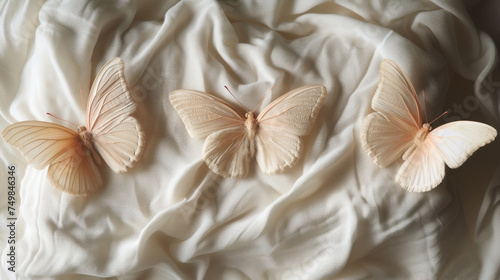 three butterflies sitting on top of a bed covered in a white comforter next to a white comforter with a white sheet.