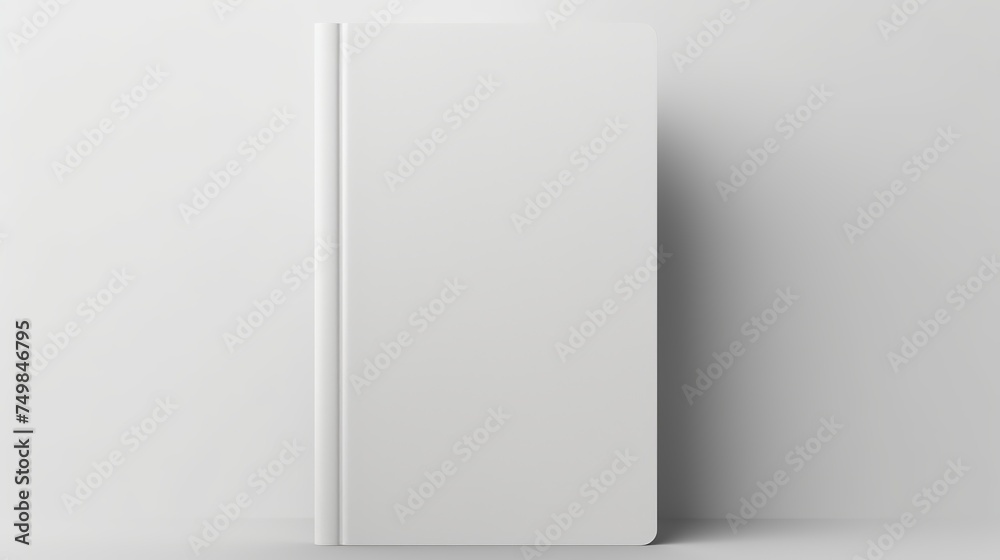 A realistic blank white book cover, complete with shadow, is presented in a 3D vertical notebook mockup, isolated on a white background.