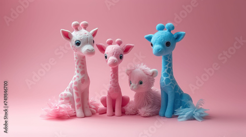 a group of stuffed giraffes and a baby giraffe sitting next to each other on a pink background.