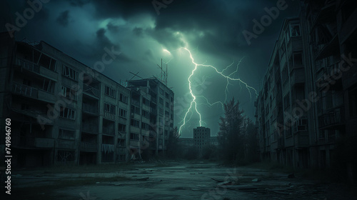 Lightning struck violently in an abandoned city with no people.