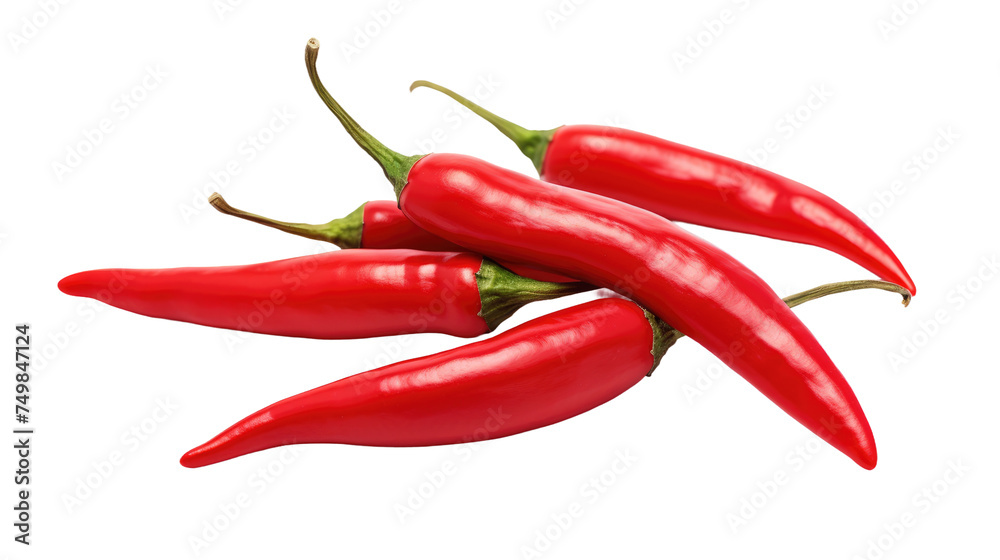 Three Red Hot Peppers. Three vibrant red hot peppers are placed on a clean white background. The peppers are ripe and glossy, showcasing their fiery color and spicy appeal.